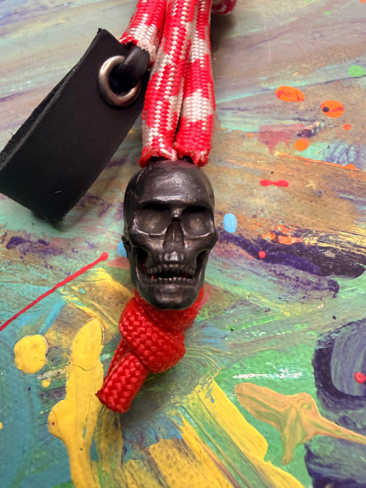 Red & White Paracord EDC - Frameless Slingshot w/ Black Skull Charm- Black Leather