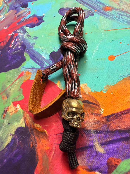 Brown & White Paracord EDC - Frameless Slingshot w/ jawless Skull Charm - Genuine Leather