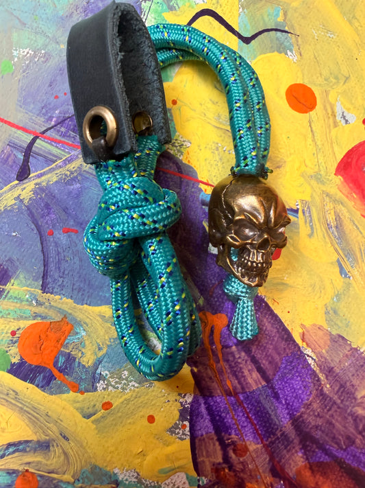 Teal & Sky Blue Paracord EDC - Frameless Slingshot w/ Skull Charm- Blue Leather