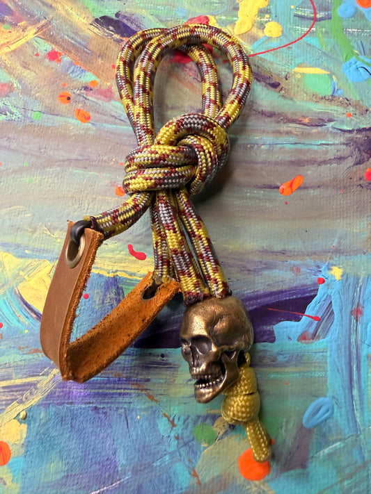 Mustard Yellow & Gray Paracord EDC - Frameless Slingshot w/ Skull Charm - Genuine Leather