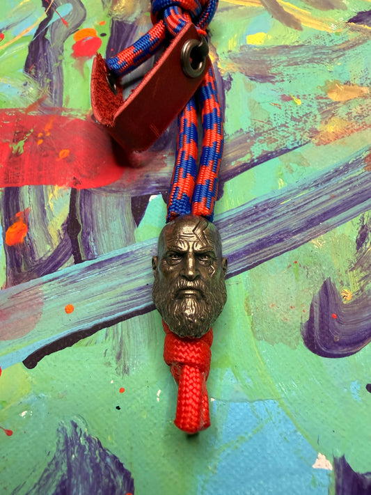 Blue & Red Paracord EDC - Frameless Slingshot w/ Kratos Charm - Red Leather