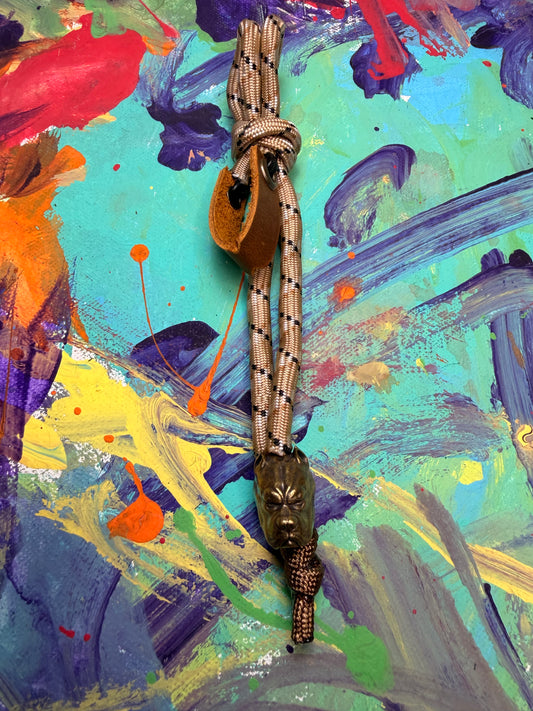 Tan & Brown Paracord EDC - Frameless Slingshot w/ Dog Charm - Genuine Leather