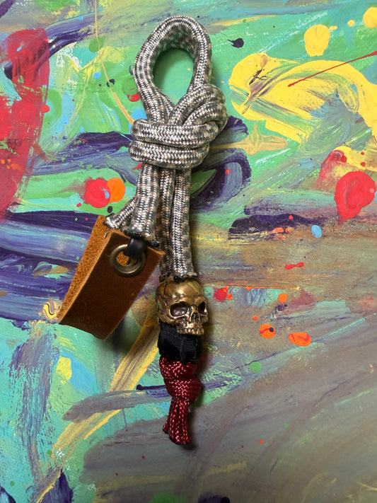 Gray & White Paracord EDC - Frameless Slingshot w/ jawless Skull Charm - Genuine Leather