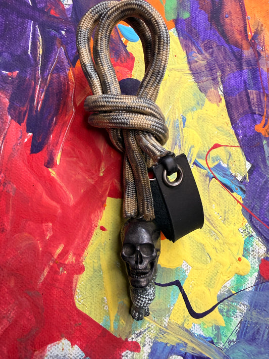 Gray & Tan Paracord EDC - Frameless Slingshot w/ Black Skull Charm- Black Leather