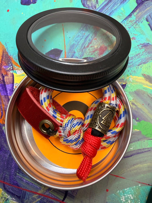 Red Blue & Yellow Paracord EDC - Frameless Slingshot w/ Nordic Charm - Red Leather