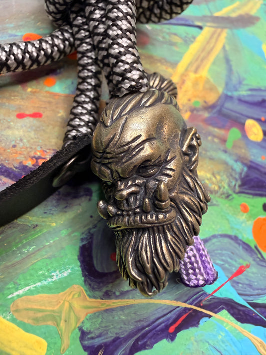 Black & Gray Paracord EDC - Frameless Slingshot w/ Large Warriors Head - Black Leather