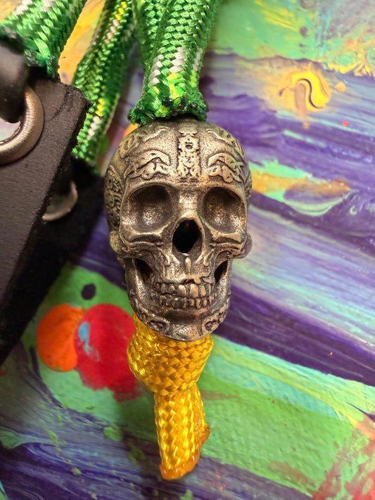 Neon Green & Yellow Paracord EDC - Frameless Slingshot W/ Skull Charm - Genuine Leather