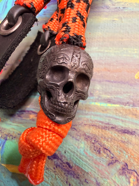 Orange & Black Paracord EDC - Frameless Slingshot w/ Black Skull Charm- Black Leather