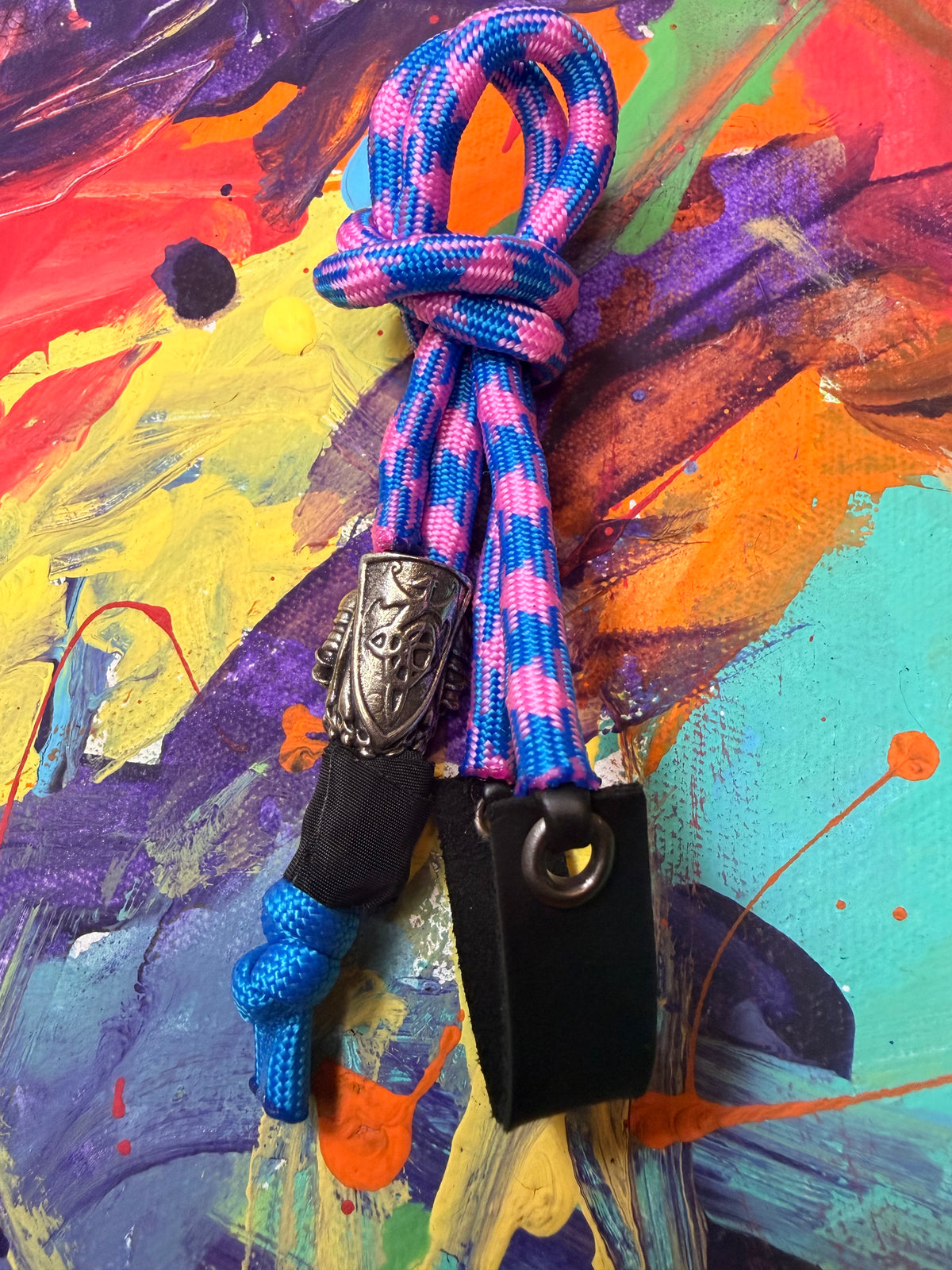 Purple & Pink Paracord EDC - Frameless Slingshot w/ Knight Charm - Black Leather