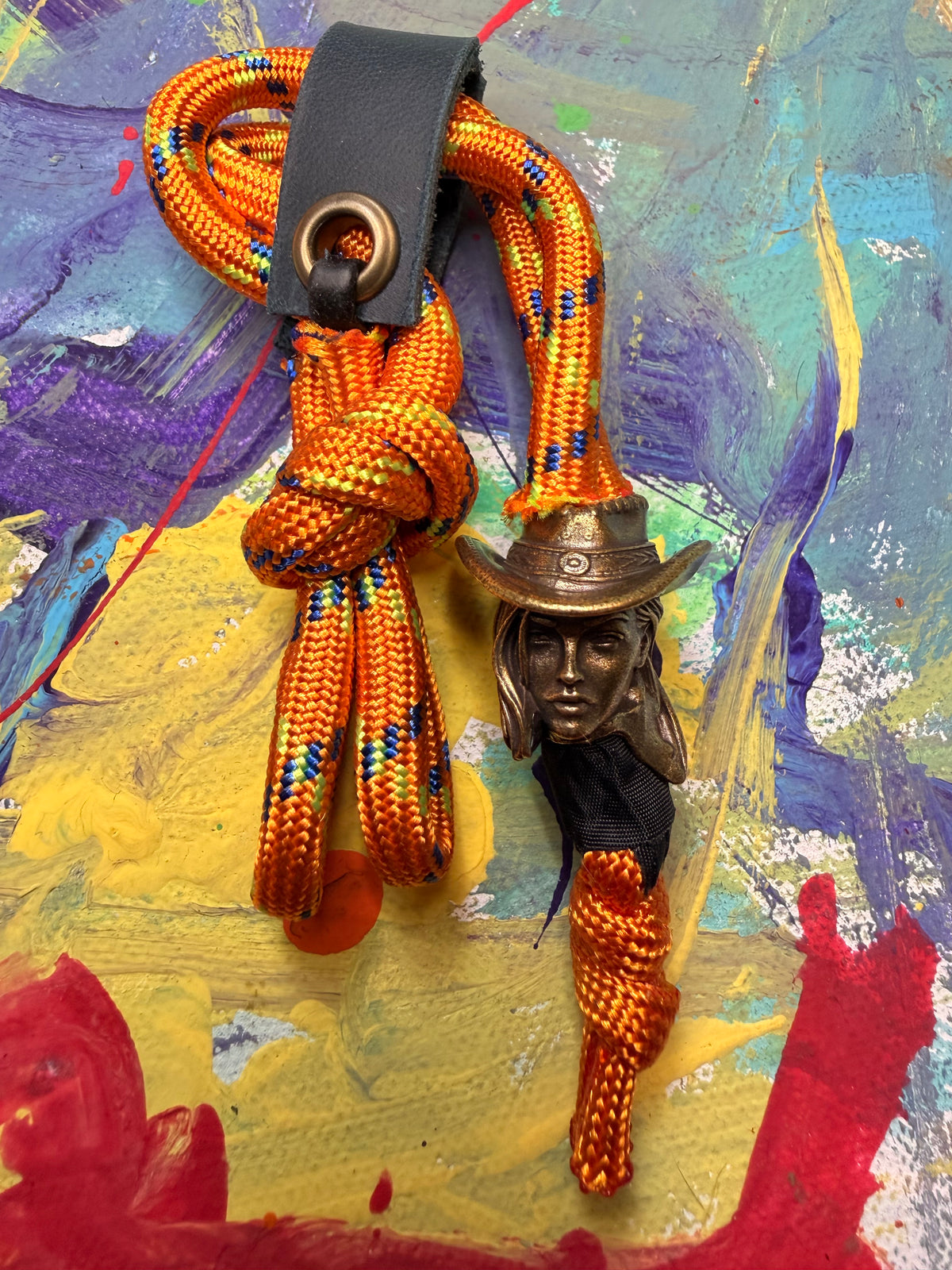 Orange Paracord EDC - Frameless Slingshot w/ Cowgirl Charm - Blue Leather
