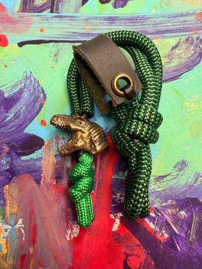 Green & Black Paracord EDC - Frameless Slingshot w/ Dinosaur Head - Genuine Leather