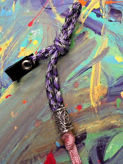 Purple & White Paracord EDC - Frameless Slingshot w/ Nordic Charm - Black Leather