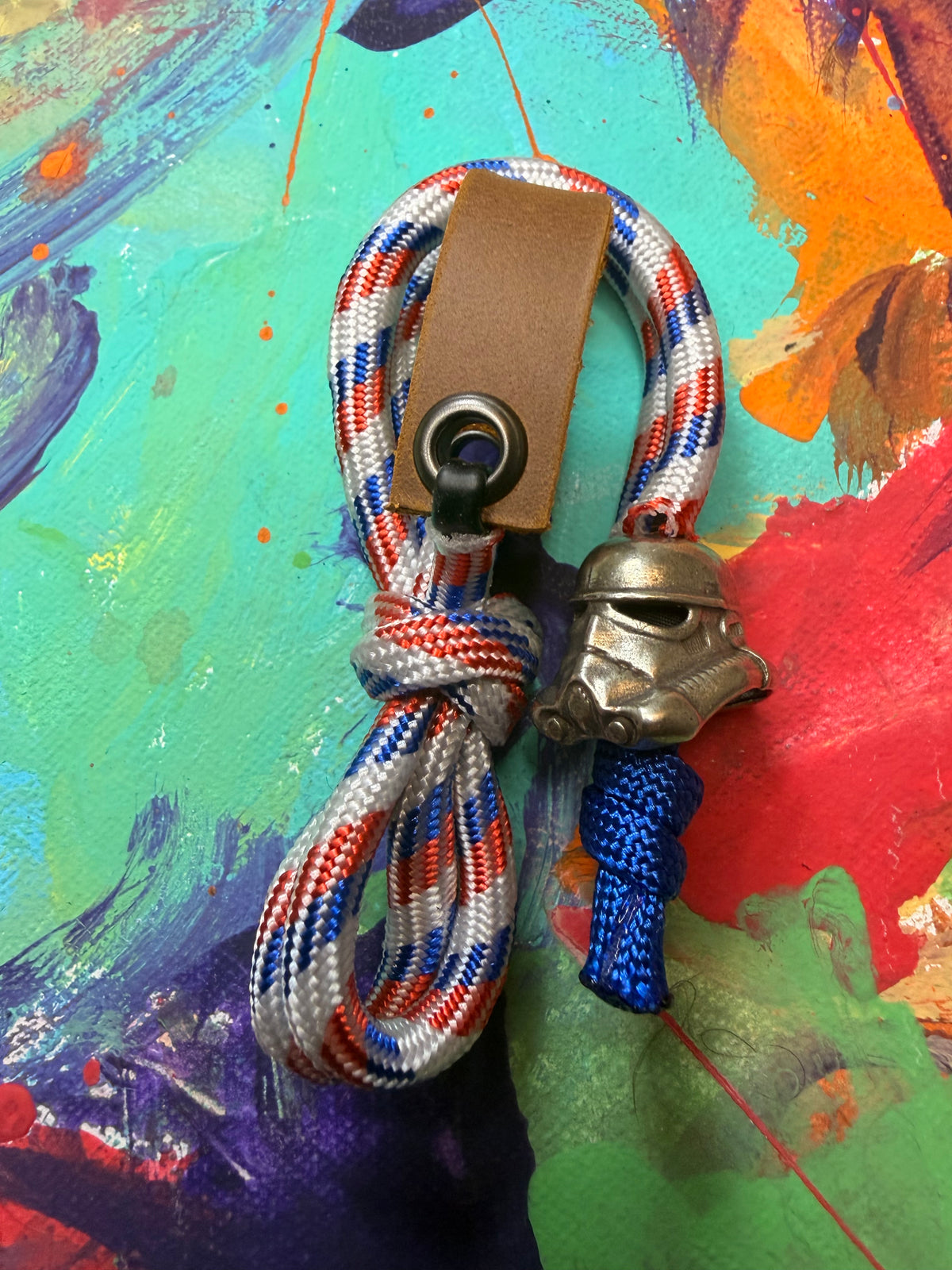Red White & Blue Paracord EDC - Frameless Slingshot w/ Storm Trooper Charm - Genuine Leather
