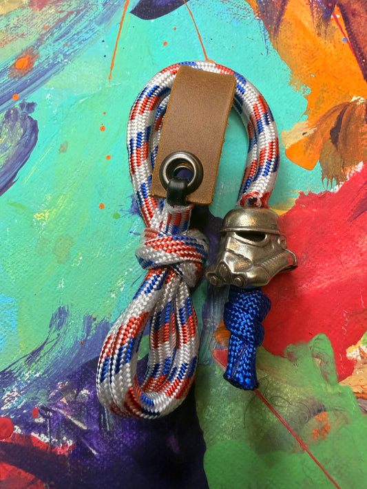 Red White & Blue Paracord EDC - Frameless Slingshot w/ Storm Trooper Charm - Genuine Leather