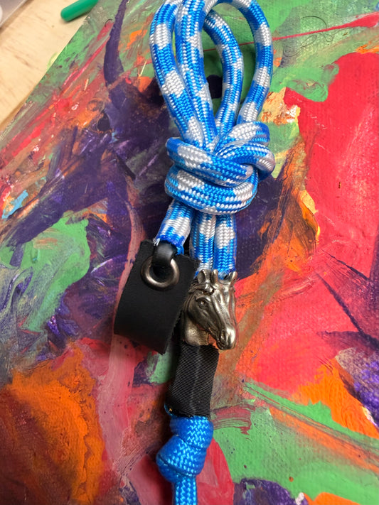 Blue & White Paracord EDC - Frameless Slingshot w/ Horse Charm - Black Leather