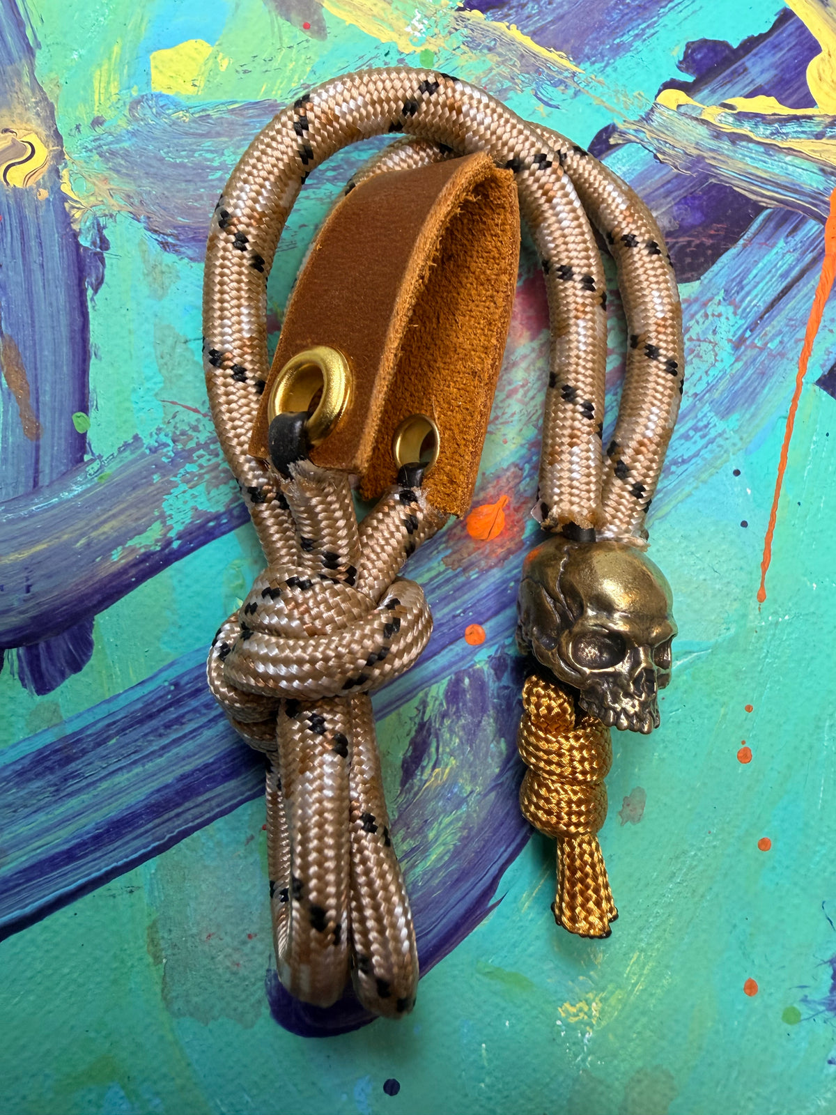 Light brown & Gold Paracord EDC - Frameless Slingshot w/ jawless Skull Charm - Genuine Leather