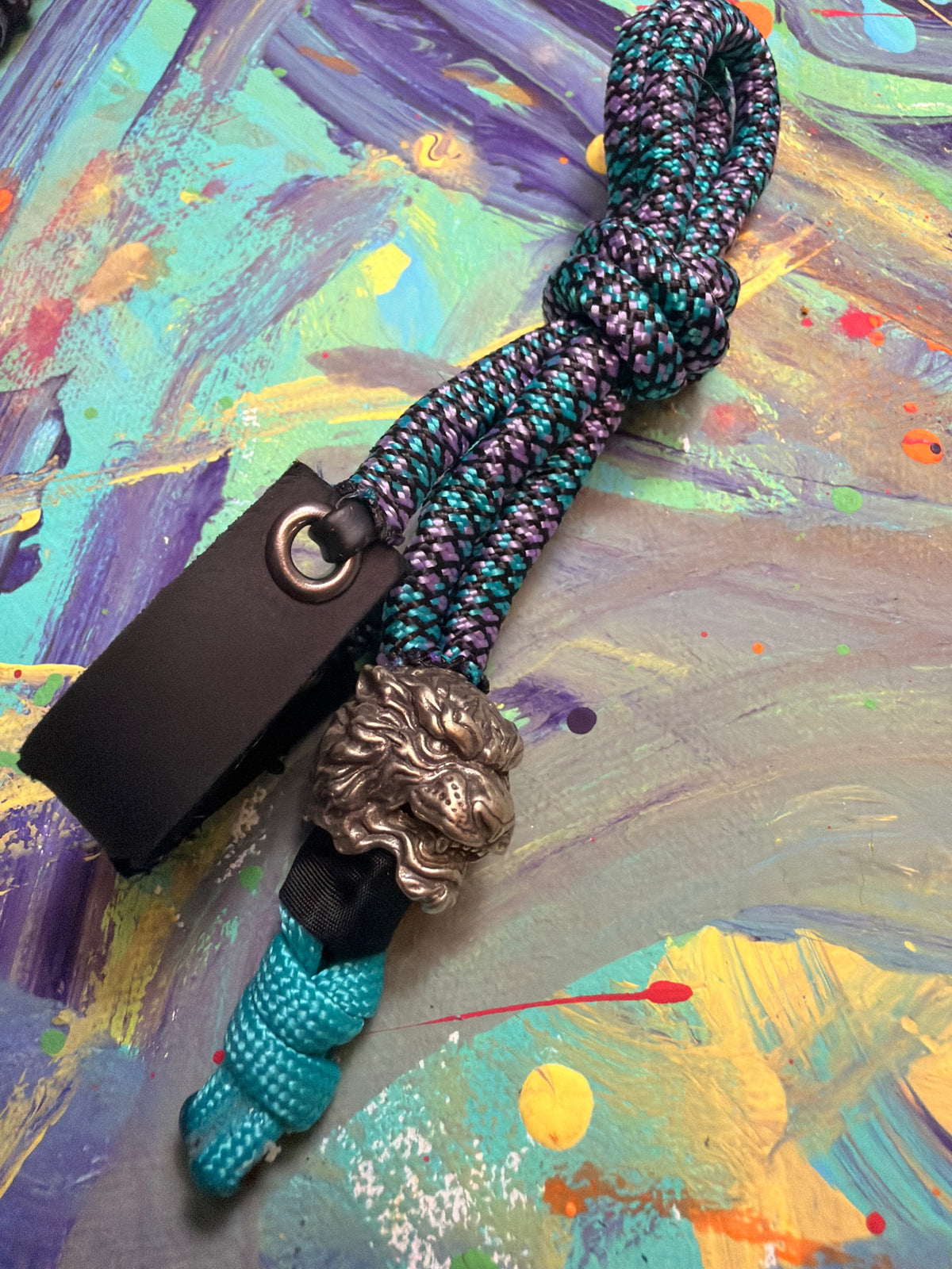 Blue & Purple Paracord EDC - Frameless Slingshot w/ Tiger Charm - Black Leather