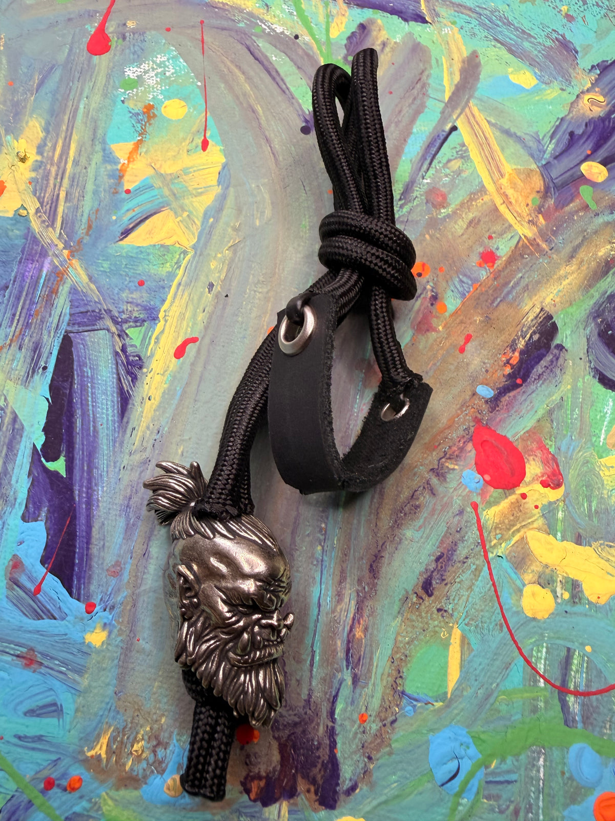 **Jimmie Custom** Black Paracord EDC - Frameless Slingshot w/ Large Warriors Head - Black Leather