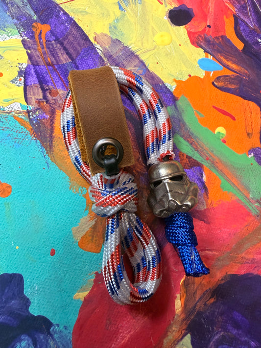 Red White & Blue Paracord EDC - Frameless Slingshot w/ Storm Trooper Charm - Genuine Leather