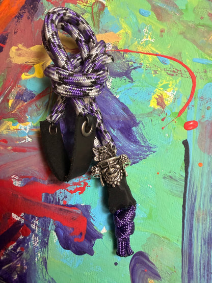 Purple & White Paracord EDC - Frameless Slingshot w/ Warrior Charm - Black Leather