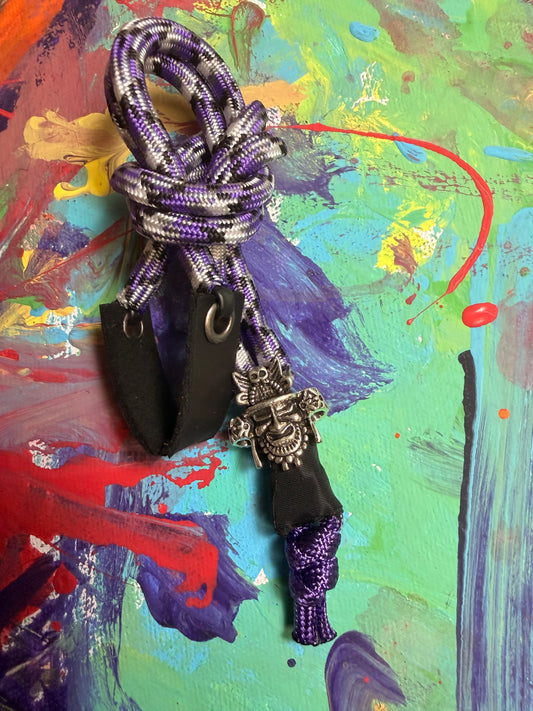 Purple & White Paracord EDC - Frameless Slingshot w/ Warrior Charm - Black Leather