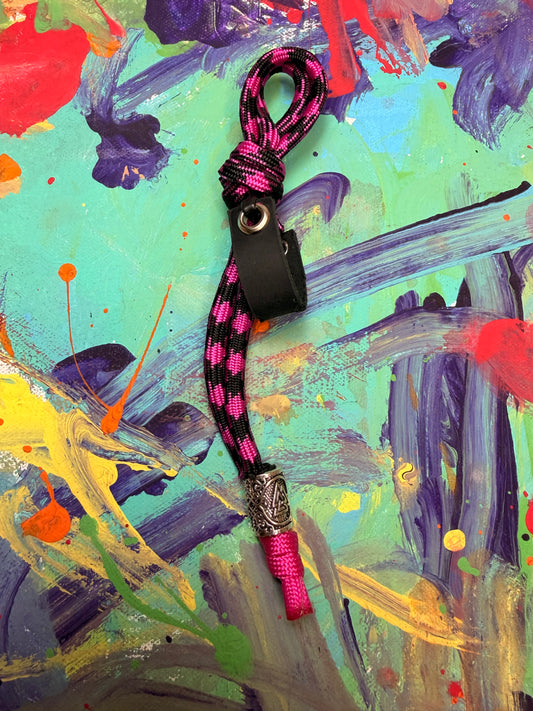 Pink & Black Paracord EDC - Frameless Slingshot w/ Nordic Charm - Black Leather