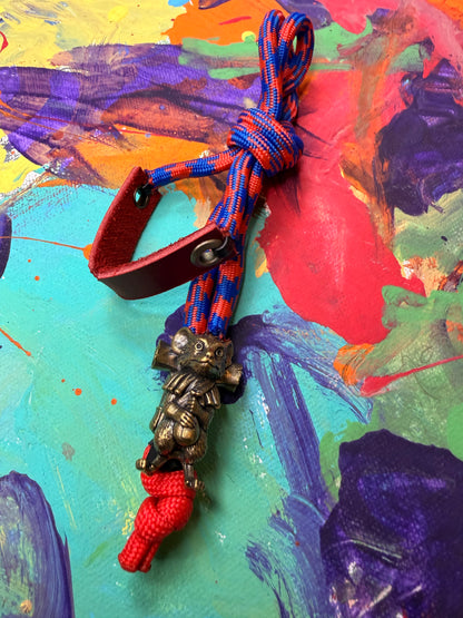 Red & Blue Paracord EDC - Frameless Slingshot w/ Hitchhiker Mouse Charm - Red Leather