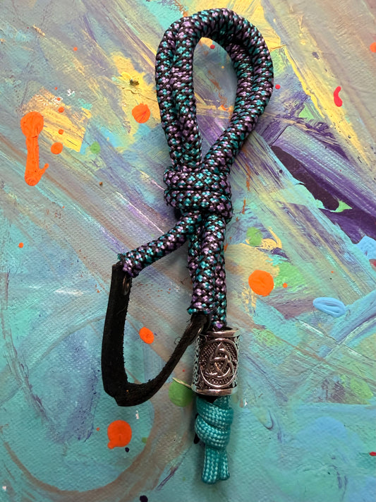 Purple & Blue Paracord EDC - Frameless Slingshot w/ Nordic Charm - Black Leather