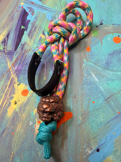 Pink/Yellow/Blue Paracord EDC - Frameless Slingshot w/ Tiger Charm - Black Leather