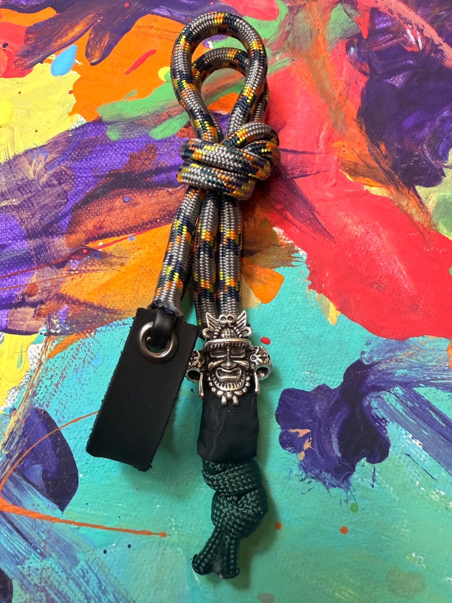 Gray & Orange Paracord EDC - Frameless Slingshot w/ Warrior Charm - Black Leather