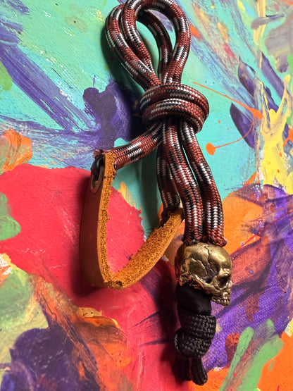 Brown & White Paracord EDC - Frameless Slingshot w/ jawless Skull Charm - Genuine Leather