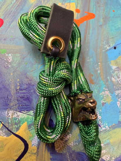 Green Paracord EDC - Frameless Slingshot w/ Wolf Charm - Green Leather