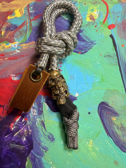 Gray & White Paracord EDC - Frameless Slingshot w/ Double Skull Charm - Genuine Leather