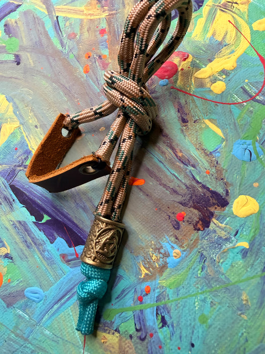 Tan & Green Paracord EDC - Frameless Slingshot w/ Nordic Charm - Genuine Leather