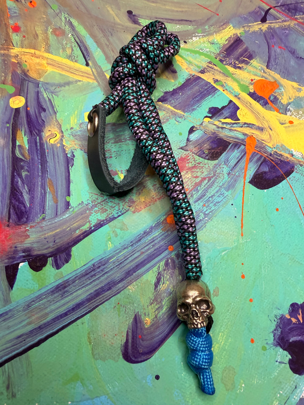 Purple & Teal Paracord EDC - Frameless Slingshot w/ Jawless Skull Charm - Blue Leather
