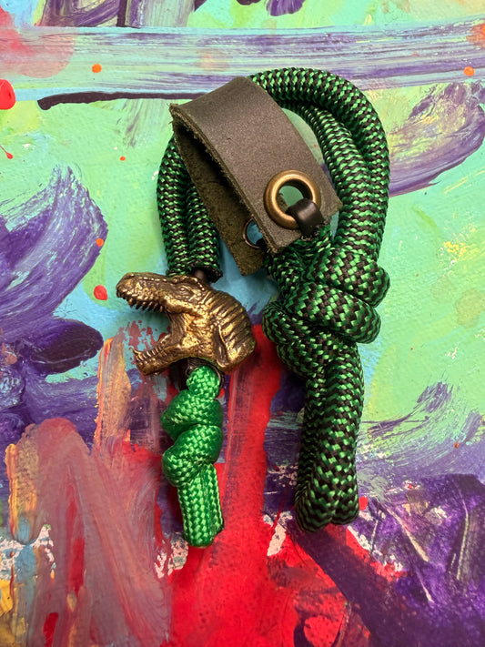 Green & Black Paracord EDC - Frameless Slingshot w/ Dinosaur Head - Genuine Leather