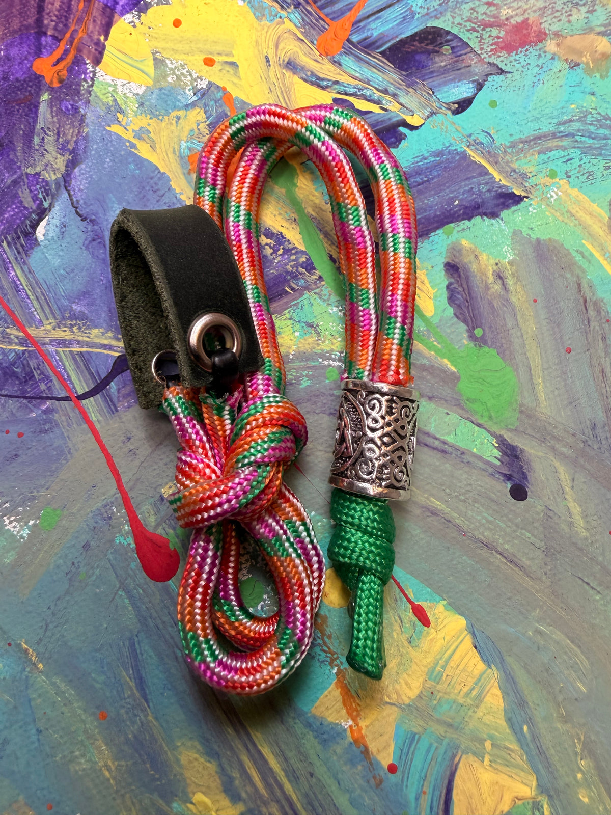 Multicolored Paracord EDC - Frameless Slingshot w/ Nordic Charm - Green Leather