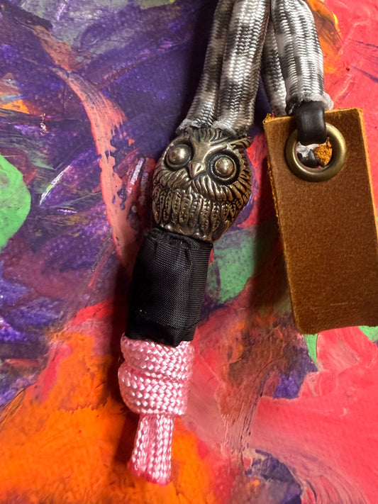 Gray & White Paracord EDC - Frameless Slingshot w/ Owl Charm - Genuine Leather