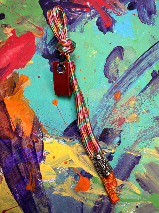 Multicolored Paracord EDC - Frameless Slingshot w/ Nordic Charm - Red Leather