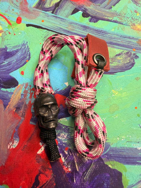 Pink & Black Paracord EDC - Frameless Slingshot w/ Black Skull Charm- Red Leather