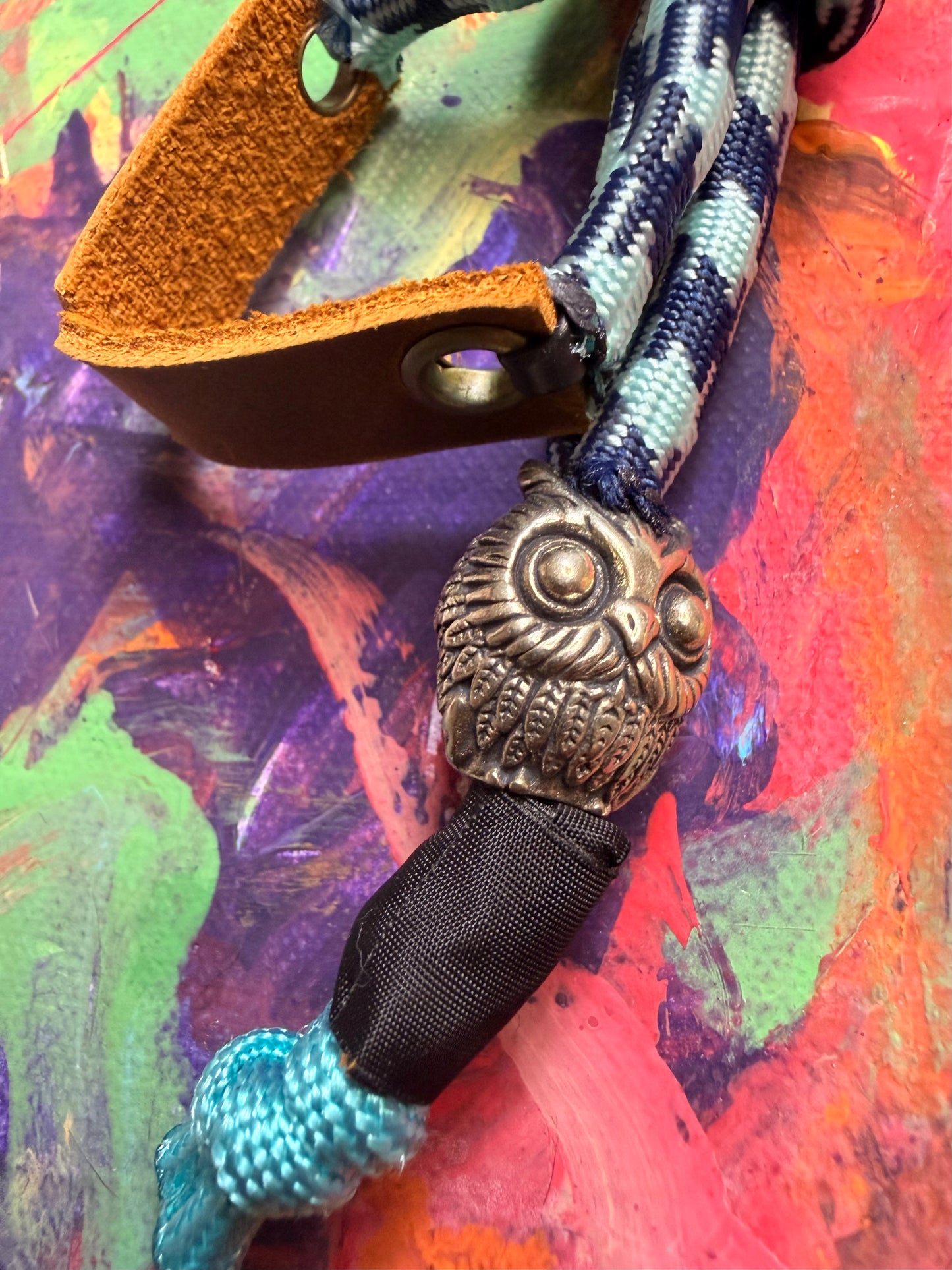 Navy & Light Blue Paracord EDC - Frameless Slingshot w/ Owl Charm - Genuine Leather