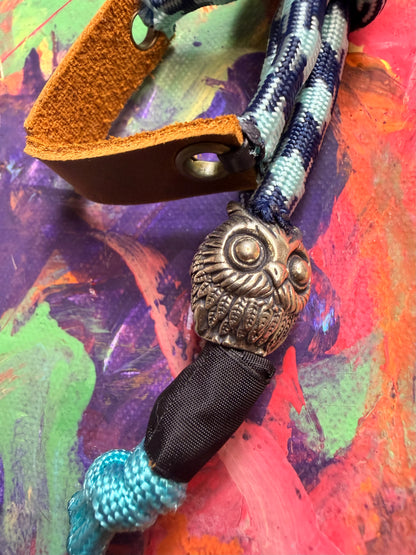Navy & Light Blue Paracord EDC - Frameless Slingshot w/ Owl Charm - Genuine Leather