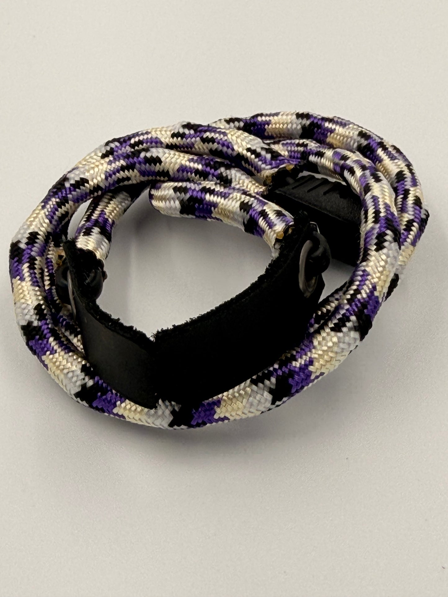 White Cream & Purple Paracord Bracelet - EDC Frameless Slingshot - Black Leather