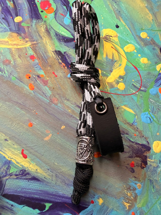 Black & White Paracord EDC - Frameless Slingshot w/ Nordic Charm - Black Leather