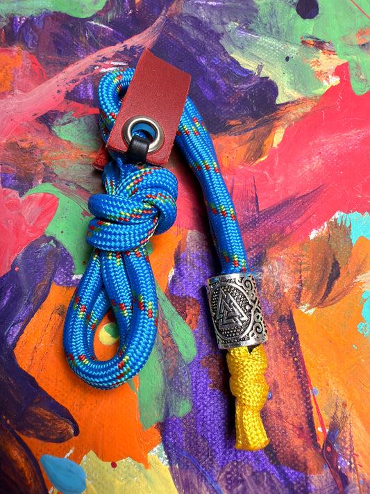 Blue & Yellow Paracord EDC - Frameless Slingshot w/ Nordic Charm - Red Leather