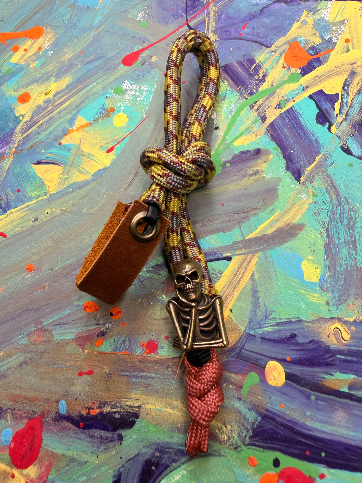 Gray & Yellow Paracord EDC - Frameless Slingshot w/ Emo Skeleton Charm - Genuine Leather