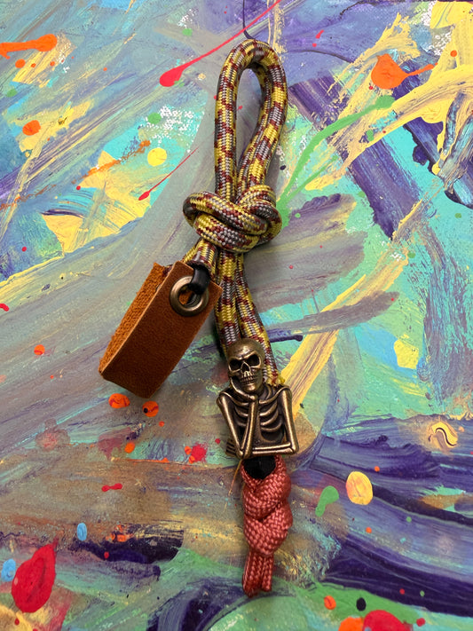 Gray & Yellow Paracord EDC - Frameless Slingshot w/ Emo Skeleton Charm - Genuine Leather