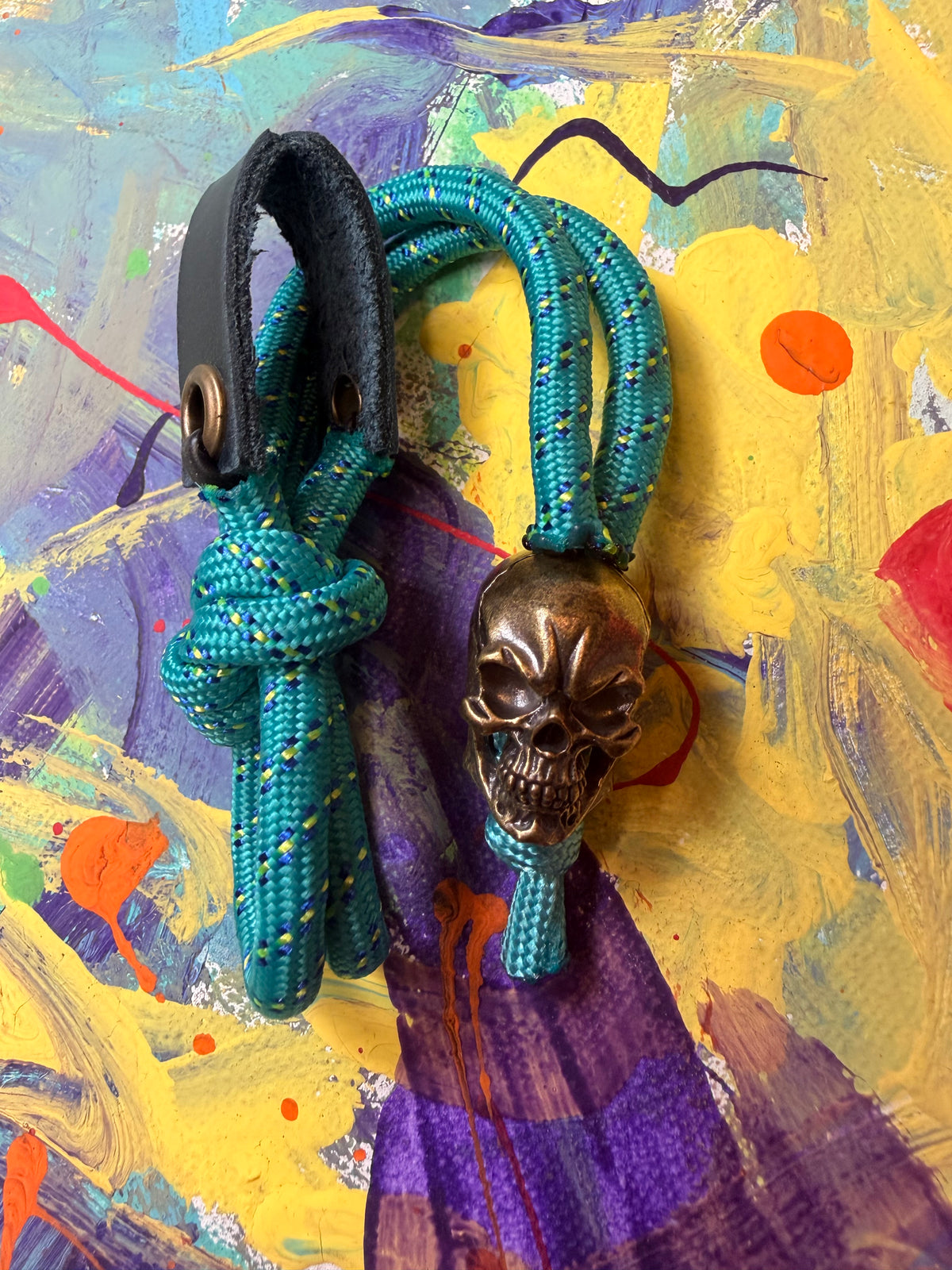 Teal & Sky Blue Paracord EDC - Frameless Slingshot w/ Skull Charm- Blue Leather