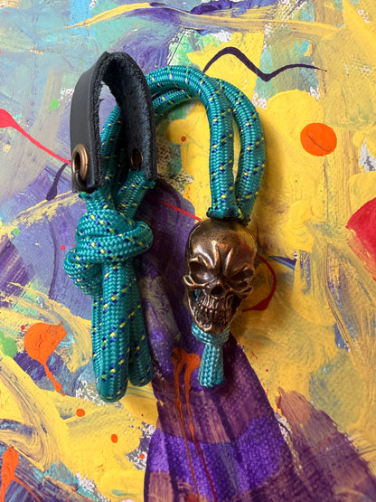 Teal & Sky Blue Paracord EDC - Frameless Slingshot w/ Skull Charm- Blue Leather