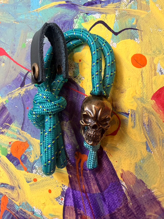 Teal & Sky Blue Paracord EDC - Frameless Slingshot w/ Skull Charm- Blue Leather